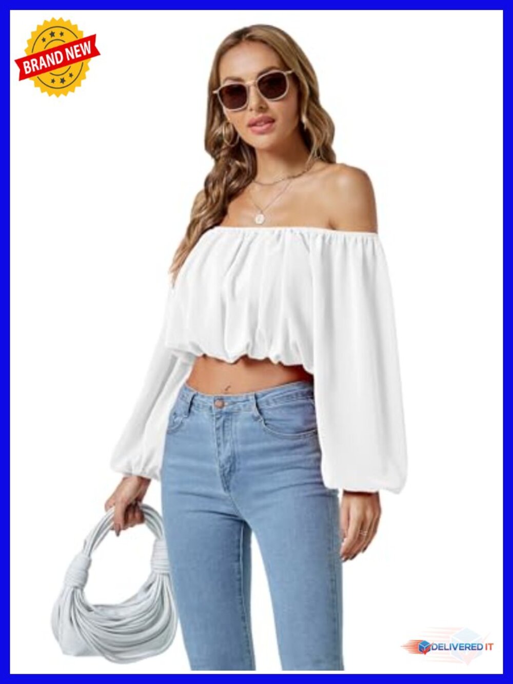 Off Shoulder Crop Top Ruched Puff Long Sleeve Blouse - Picture 4 of 6